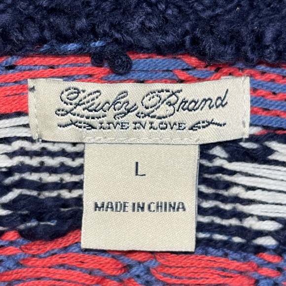 Lucky Brand cardigan sweater with hood, southwestern designs, navy and coral - Picture 9 of 11